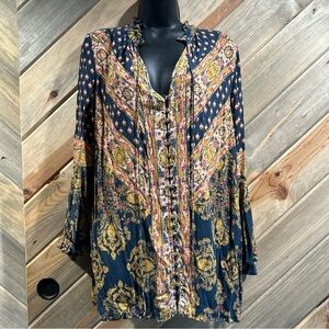 Bohemian Multicolor Ruffle Collar Fabric Button Down Bell Flutter Sleeve Tunic